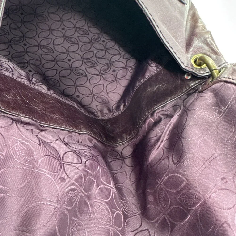 Vintage FOSSIL Leather Shoulder Messenger Bag Dark Plum Large Purse Y2K Hobnail